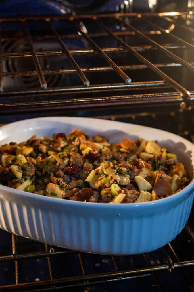 Thanksgiving Sausage Stuffing in the oven.