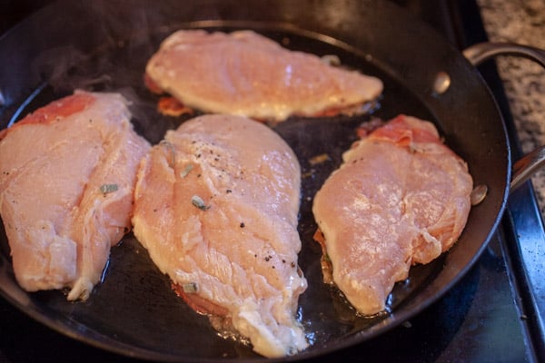 Cooking the chicken saltimbocca