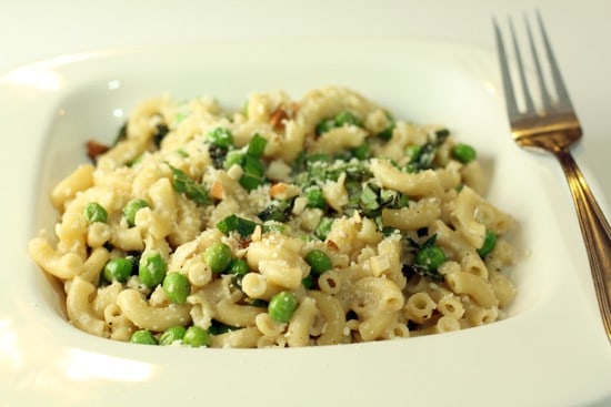 Pasta with almond sauce and peas