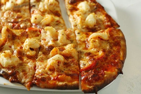 Red pepper pesto and shrimp pizza