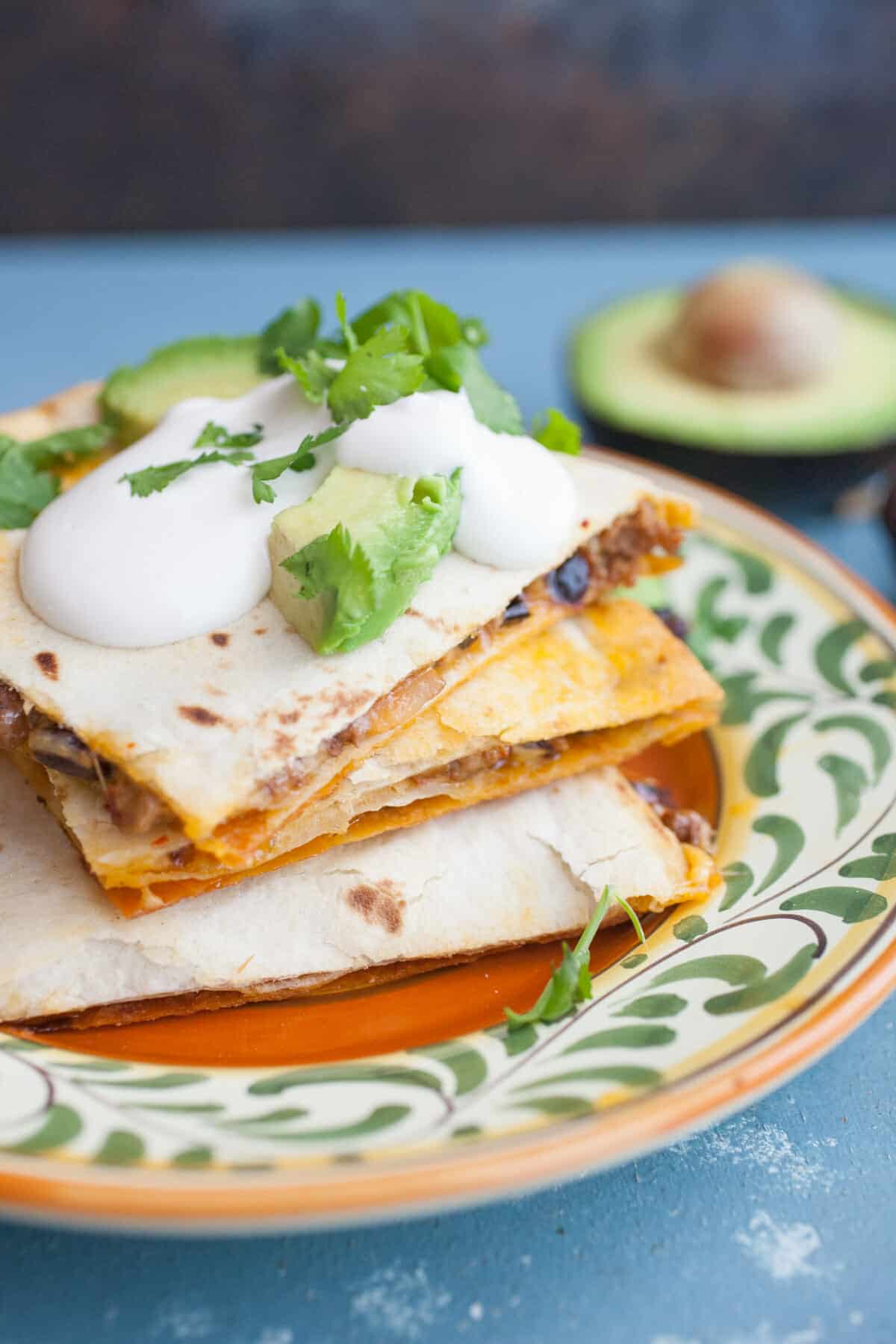Three Chile Quesadillas: My dream quesadilla with beef, beans, and mushrooms plus a just-spicy-enough three chile spice mix! | macheesmo.com