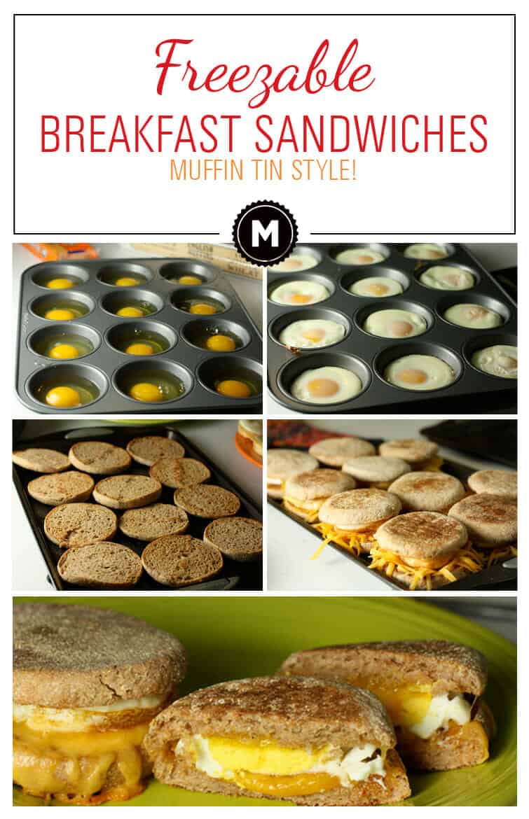 Muffin Tin Breakfast Sandwiches! Make 12 eggs in a muffin tin and they fit perfectly on English muffins for breakfast sandwiches. Freeze them for later!