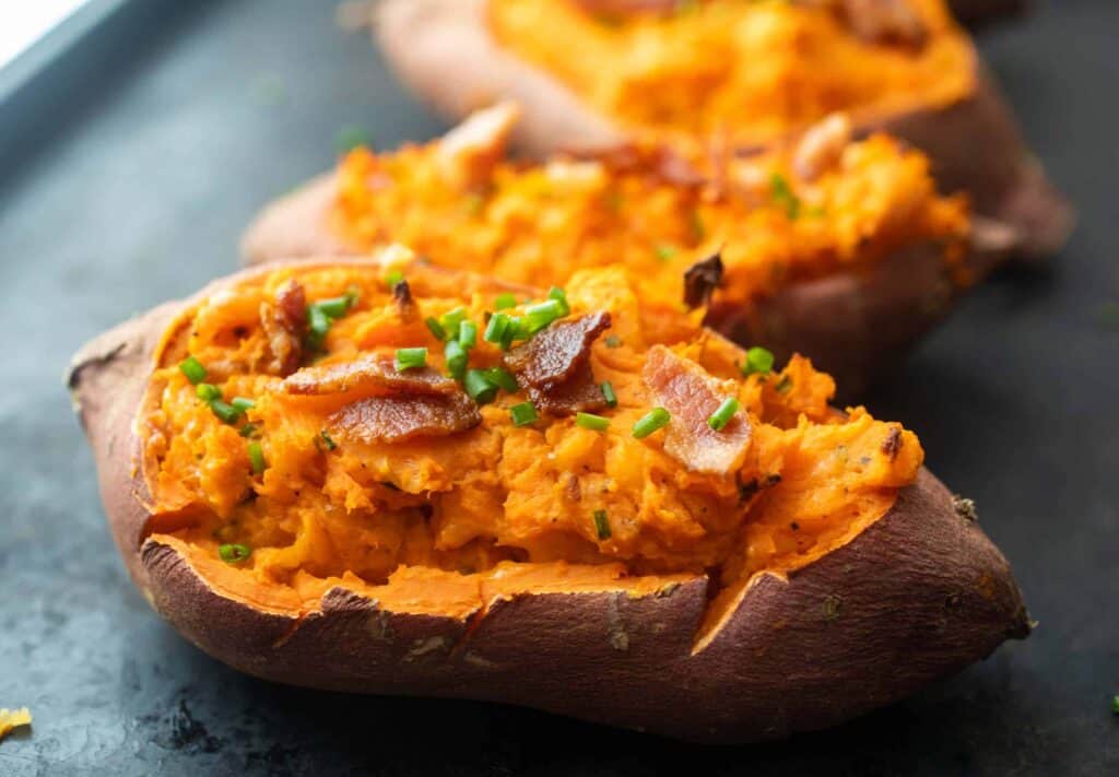 Double Baked Sweet Potatoes with Bacon and Chives Macheesmo