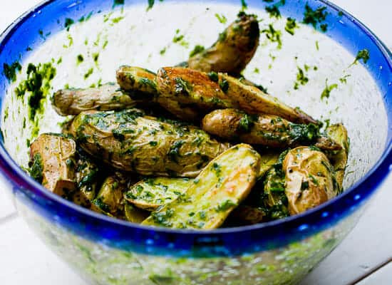 Roasted Fingerlings with Chive Pesto