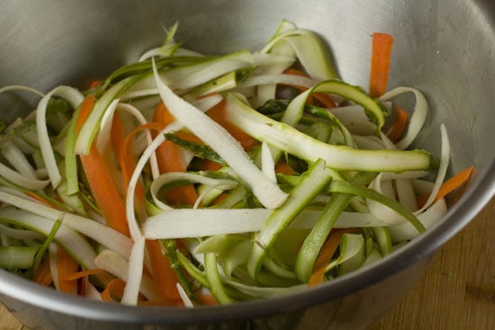shredded veggies for Vegetable Ribbon Salad 