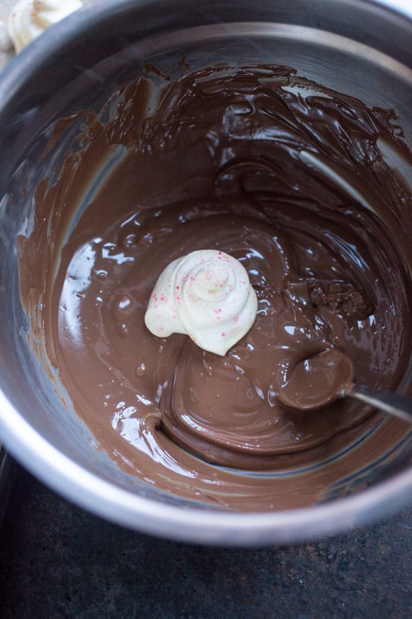 Melted chocolate in a bowl for dipping.
