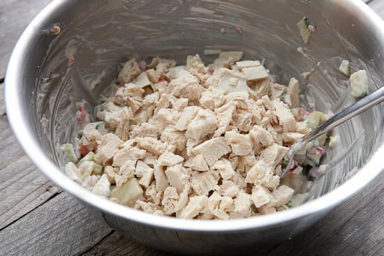 shredded chicken for our Chicken Salad Pitas