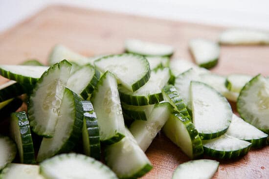 Cucumbers chopped for Greek Tomato Salad