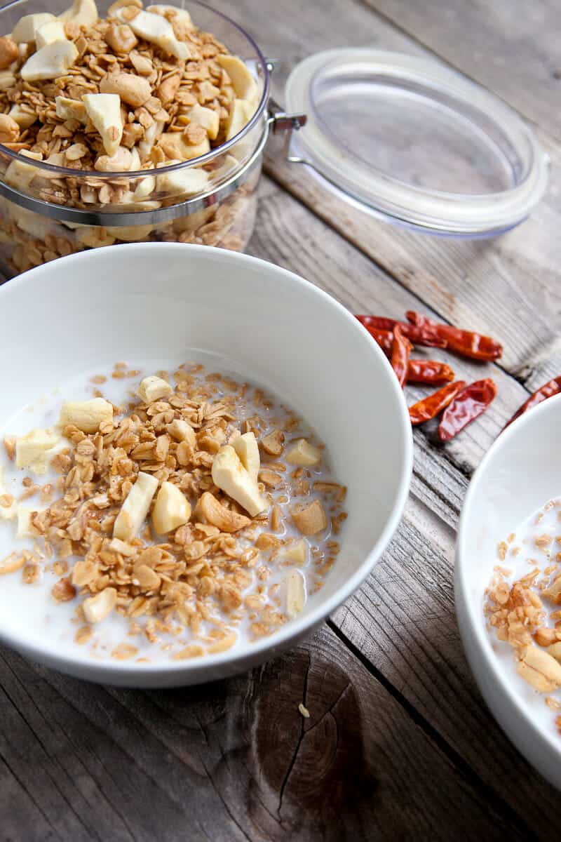 Spicy Maple Granola: Maple granola, a simple recipe spiked with cayenne for a little heat (but not too much), sweet dried apples, and loads of crunchy nuts. | macheesmo.com