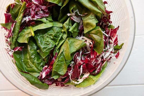 spinach and radicchio base for Warm Mushroom Salad