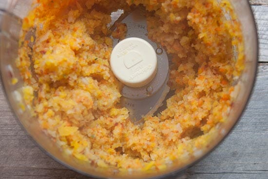 Nugget mixture in a food processor after pulsing it.