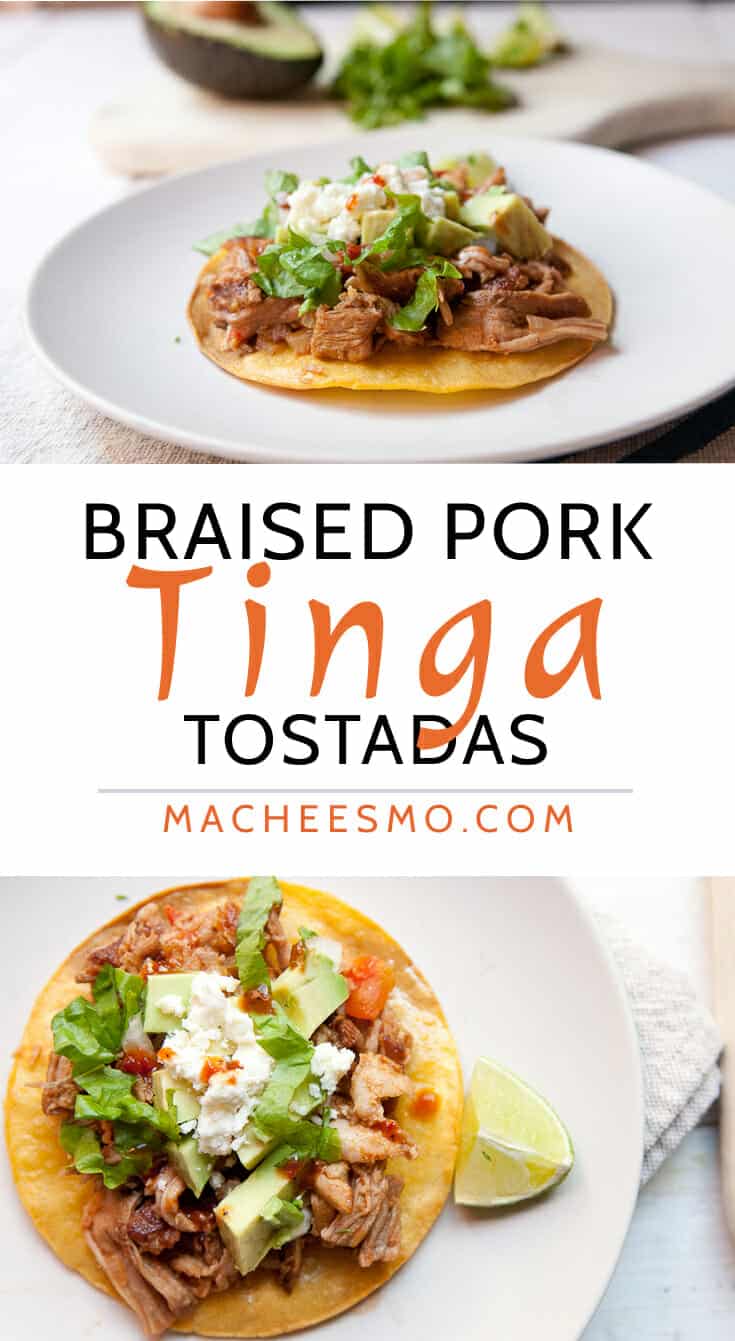 Traditional Pork Tinga simmered with spices and served shredded on tostadas with lots of classic toppings. From the Cook's Illustrated Meat book via Macheesmo.