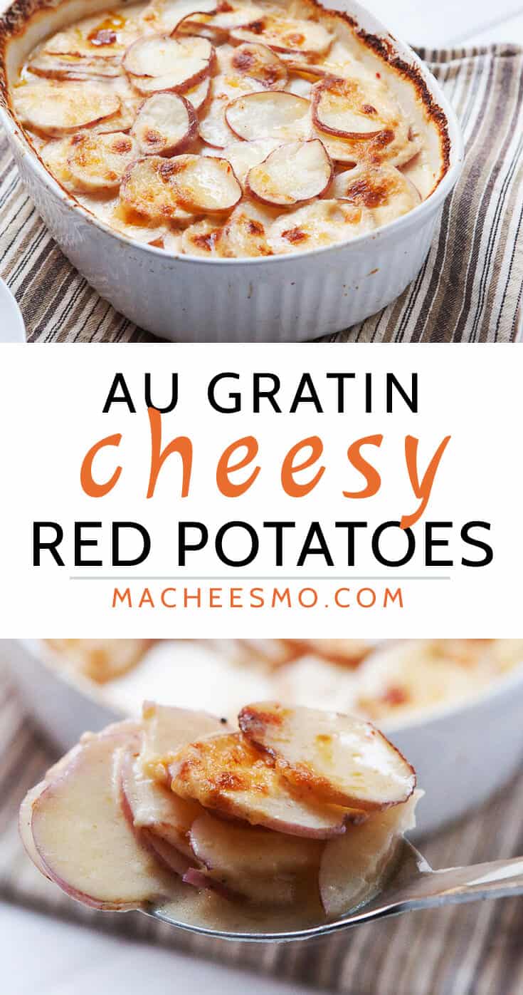 Baked red potatoes au gratin in a spicy, creamy three-cheese sauce. Browned on top and perfect for a holiday side dish! Via Macheesmo