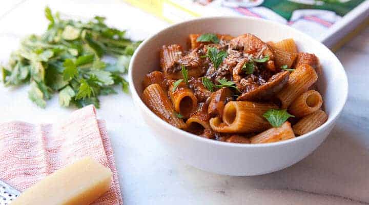 Homemade Mushroom Ragu slow simmered. The perfect vegetarian fall pasta meal from The Kitchn Cookbook. Via Macheesmo.