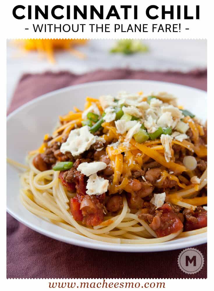 A classic cincinnati chili version with beef and bean chili served over plain spaghetti with lots of great toppings like shredded cheese, scallions, and crackers. Chili never tasted so good!