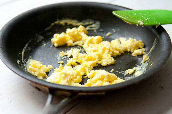 Scrambled eggs for breakfast crunch wraps.