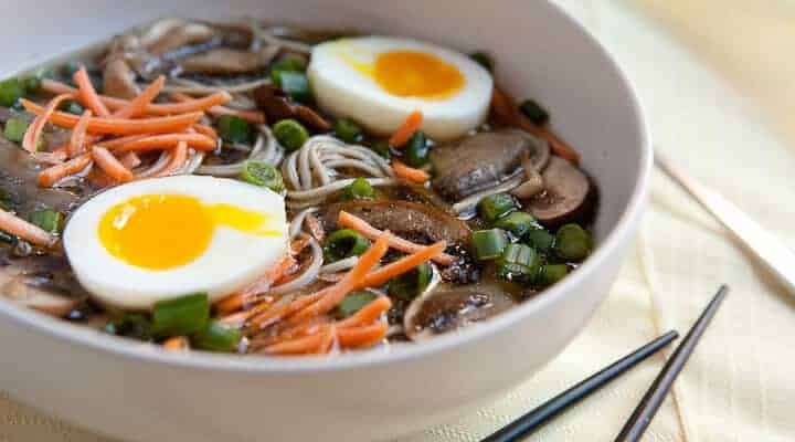 Mushroom Soba Bowls: A simmered savory mushroom broth spooned over soba noodles and topped with lots of awesome toppings including the perfect soft-boiled egg!