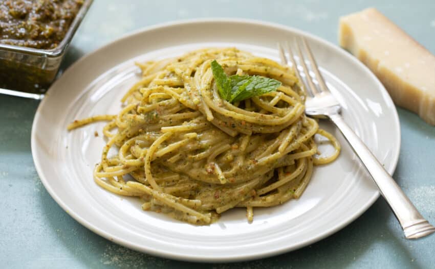 Pistachio Pesto on Spaghetti