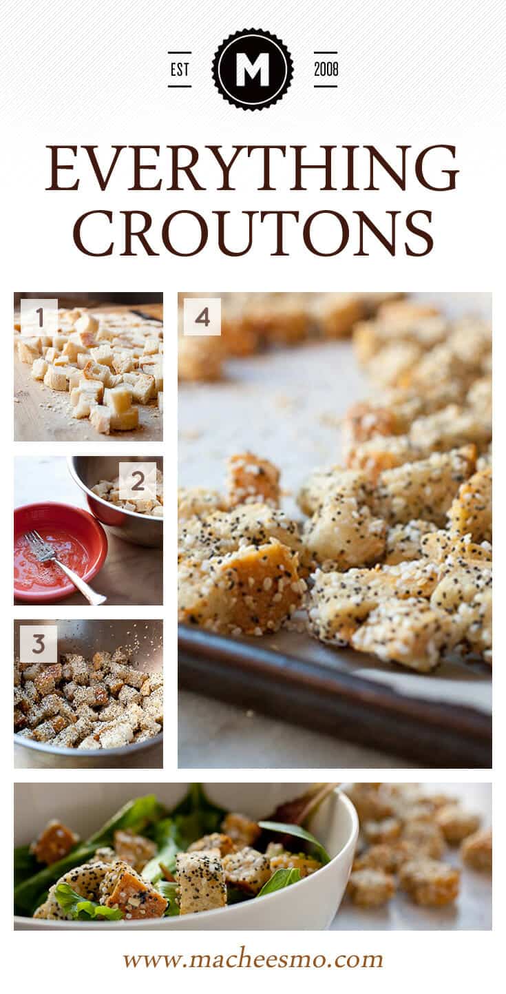Everything Croutons! Take your old bread from stale to awesome with this simple spice mix that is typically used for bagels. So great on salads! Check out the post to learn my trick to get the seasonings to stick!