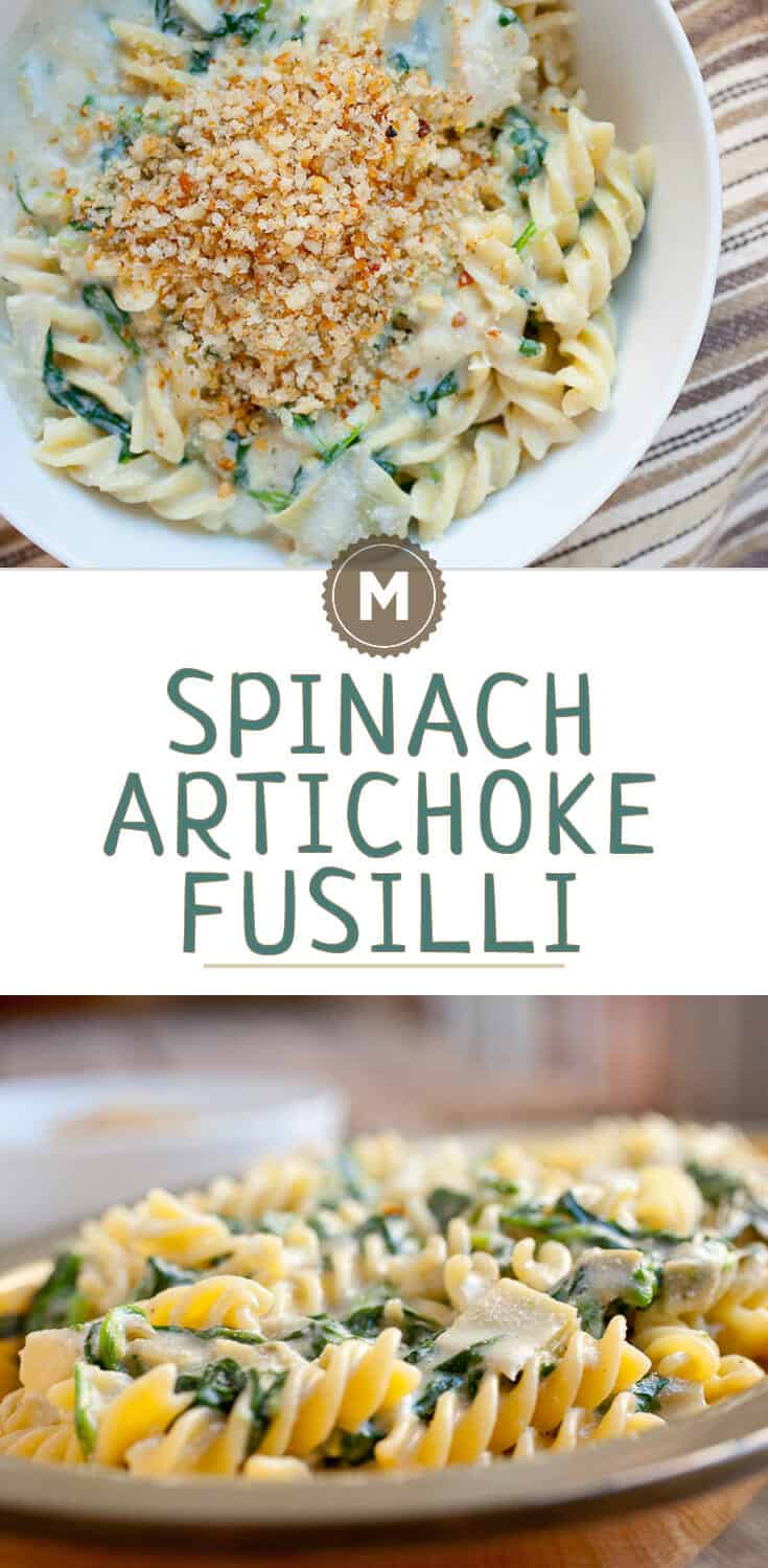 Spinach Artichoke Fusilli: A delicious, creamy no-bake pasta jam-packed with fresh spinach and artichokes. Topped with spicy buttery breadcrumbs!