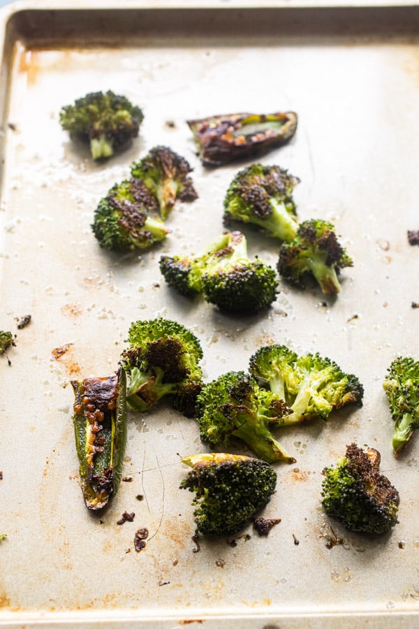Roasting broccoli and jalapenos