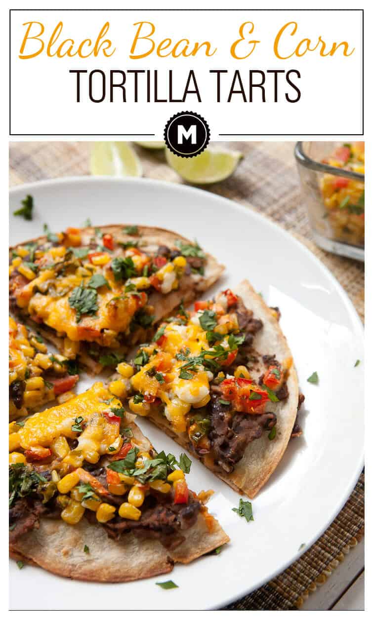 Black Bean and Corn Tortilla Tart: A half quesadilla and half pizza meal that's easy to make but different from your standard Tex-Mex recipe. Layers of black beans mashed with spices and a fresh corn salsa with two kinds of cheese and baked until crispy.