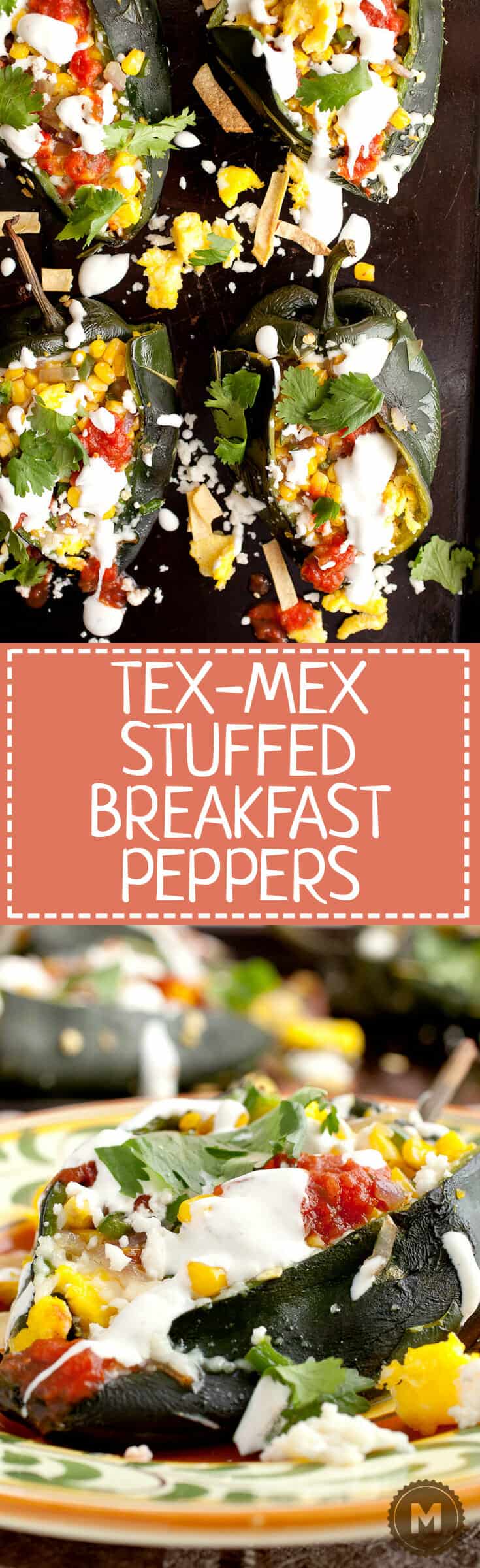 Tex-Mex Breakfast Stuffed Peppers: Roasted Poblano peppers stuffed with eggs, corn strips, corn, queso fresco, salsa, and a light sour cream sauce! This is one good breakfast pepper! | macheesmo.com