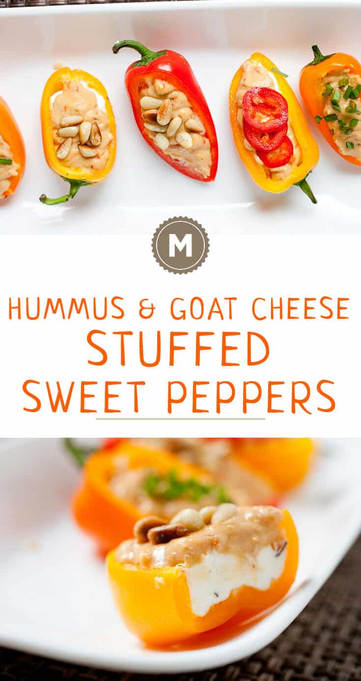 Stuffed Sweet Peppers: Whipped goat cheese and spicy hummus layered in crunchy, crisp sweet peppers and topped with various garnishes. The perfect, quick summer appetizer!
