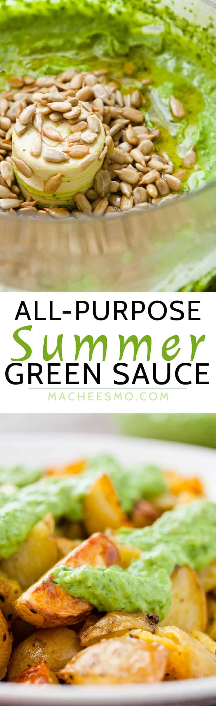 All-Purpose Summer Green Sauce: This is just a great medley of fresh summer flavors blended together. It takes just a few minutes to blend together and can be used on almost anything savory. It's great on grilled foods or even as a sturdy salad dressing. Make it and slather it on everything! | macheesmo.com