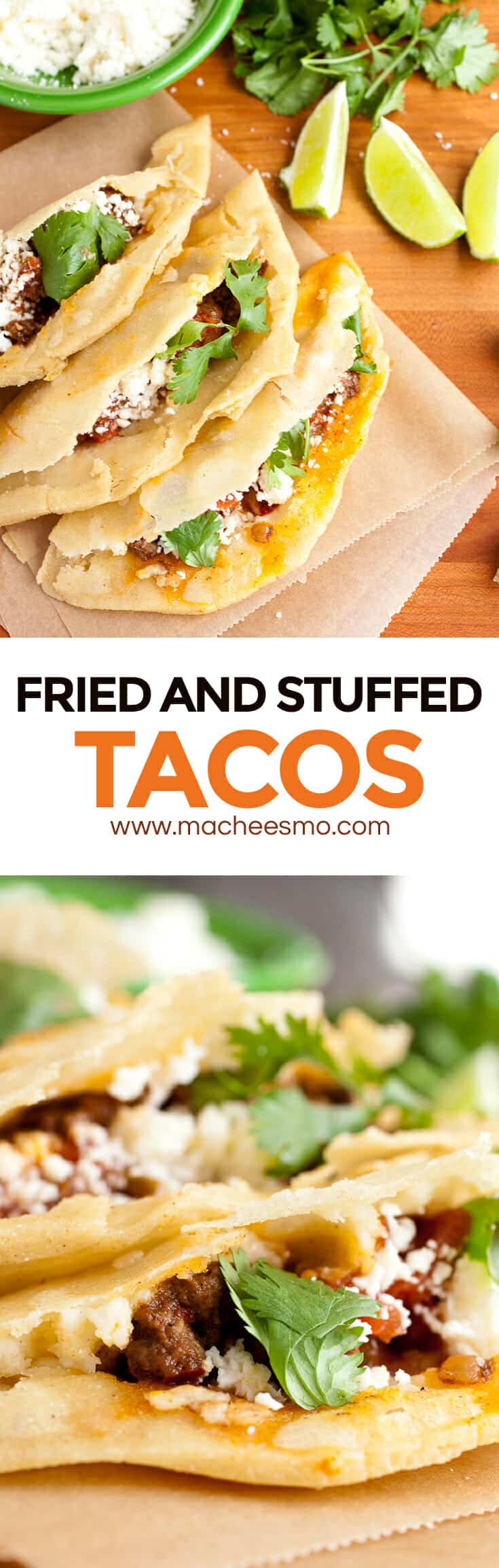 Fried and Stuffed Tacos: Inspired by the delicious Taco Especial at Los Tacos in NYC, this fried and stuffed taco is wonderfully crispy on the outside and stuffed with whatever toppings you can dream up! It's a little work to get it right, but totally worth it! | macheesmo.com