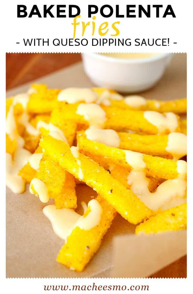 Baked Polenta Fries with Queso! Crispy (and super-easy) baked polenta fries dipped or drizzled with a quick homemade queso sauce. You're gonna wanna make this ASAP.