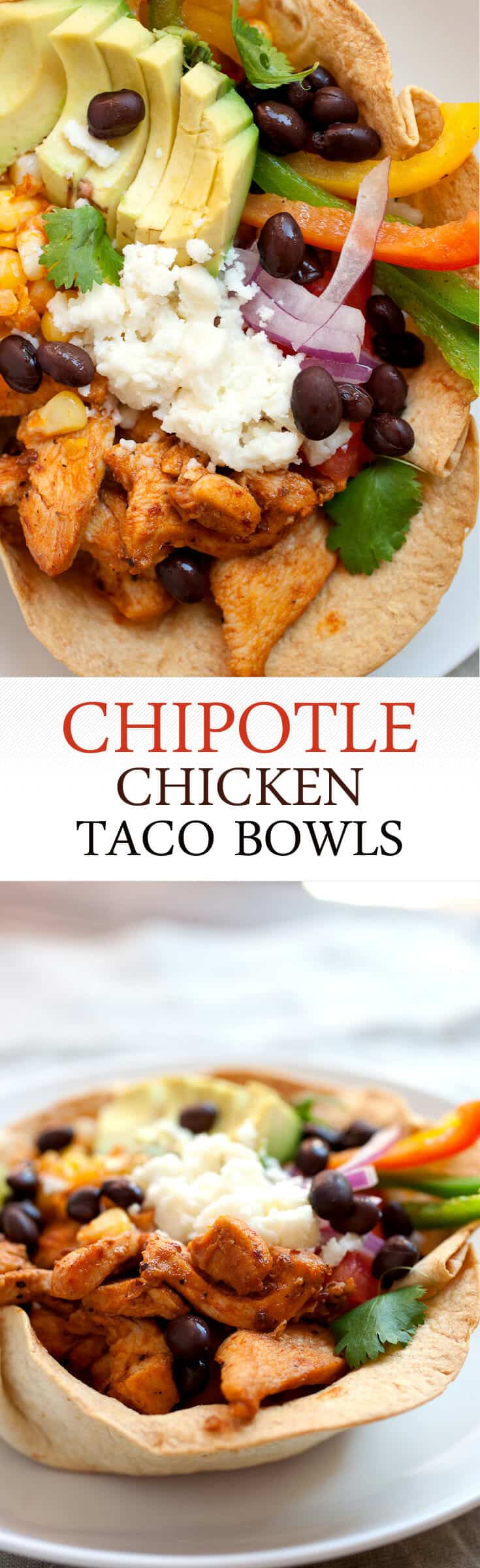 Chipotle Chicken Taco Bowls! I don't mean Chipotle like the restaurant, these chicken taco bowls are so much better! Spicy chipotle chicken layered with corn, black beans, cilantro rice, and other great taco toppings in an edible taco bowl! | macheesmo.com