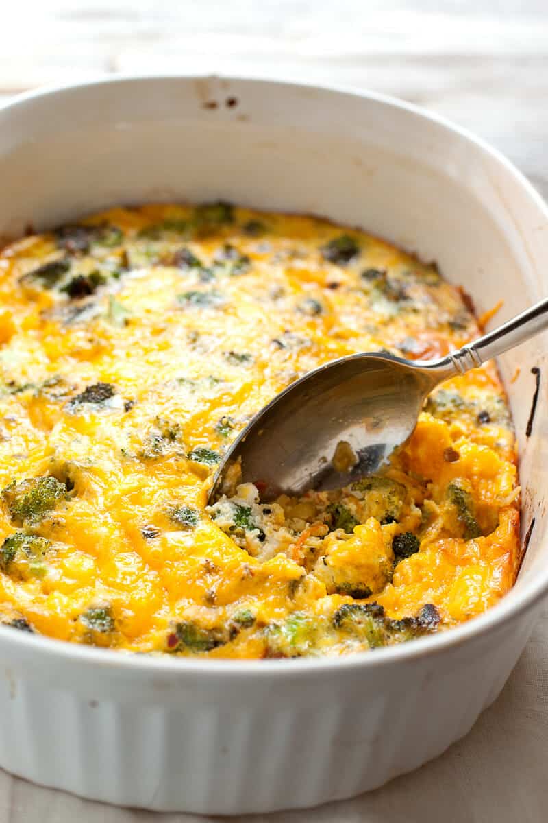 This beautiful cheesy broccoli breakfast casserole includes not only pan-seared broccoli, but also the entire shredded stalks. Don't waste a thing and make a delicious broccoli casserole!
