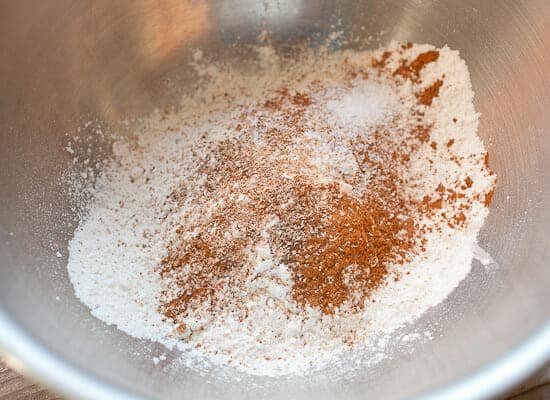 Dry ingredients and spices for pumpkin bread.