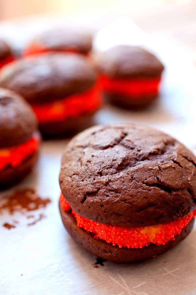 Halloween Whoopie Pies: Homemade chocolate and marshmallow whoopie pies! Perfect for a Halloween party! Easier to make than you might think, really fun, and scary delicious! | macheesmo.com