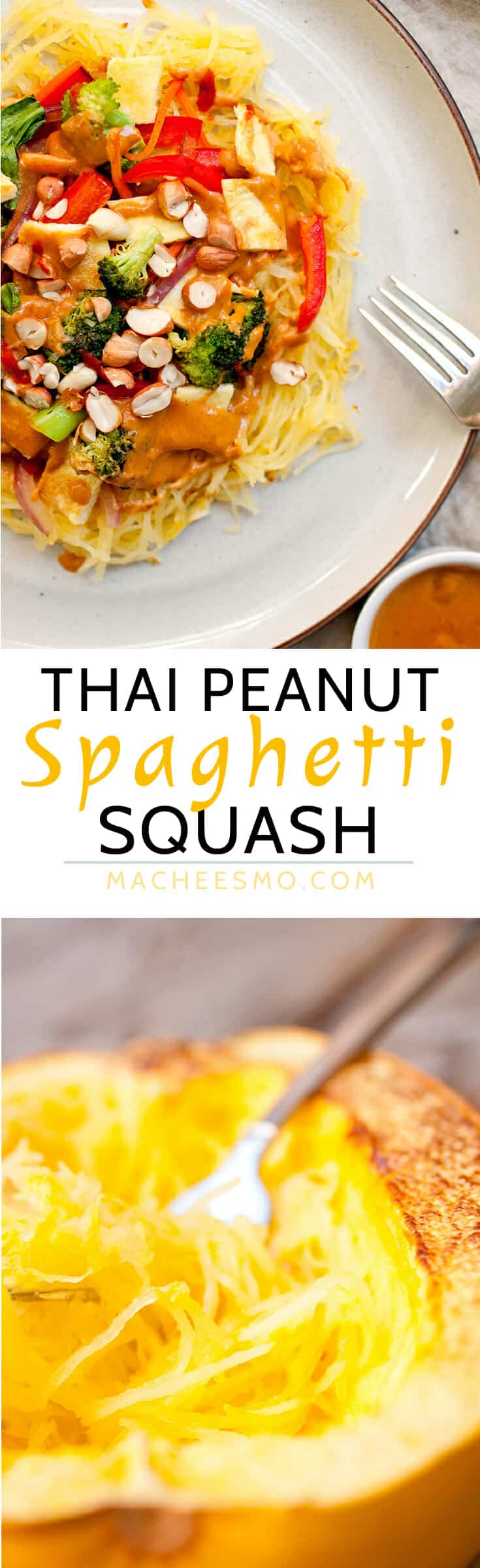 Thai Spaghetti Squash with Peanut Sauce: This roasted spaghetti squash is amped up with a veggie stir-fry topper, eggs, and a spicy homemade peanut sauce. EASY to make and perfect for fall! | macheesmo.com