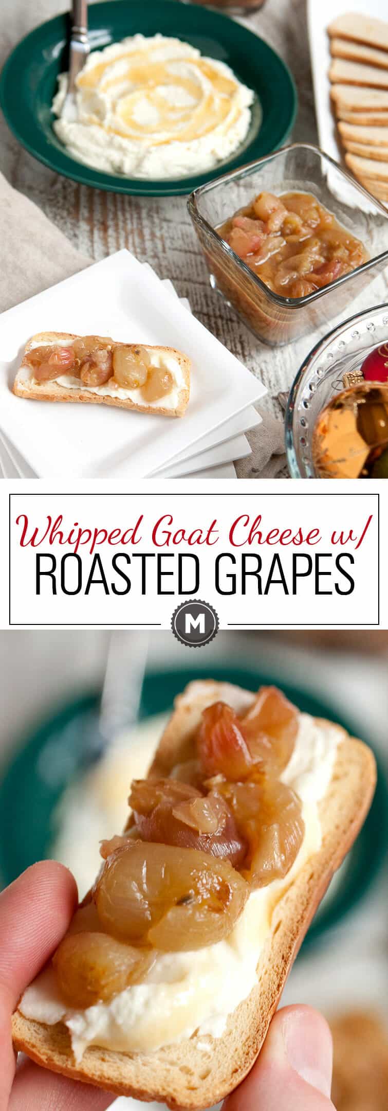 Roasted Grapes with Whipped Goat Cheese: This is such an EASY and decadent appetizer. It's almost cheating how amazing it is. Tangy goat cheese, whipped until light and fluffy, and served with slightly sweet and bursting roasted grapes. Put them out at every party you have this winter. | Macheesmo.com
