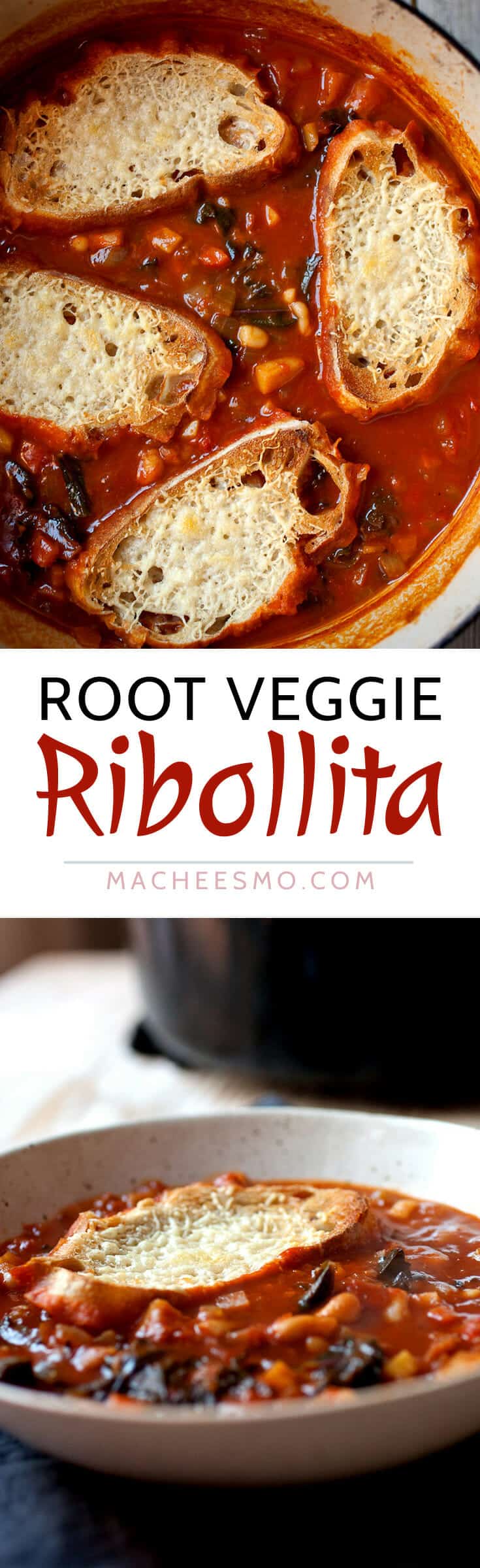 Root Vegetable Ribollita: This hearty winter stew is packed with root veggies like parsnip and golden beets and thickened with any leftover bread you have on hand. Don't forget the cheese bread topper! | macheesmo.com