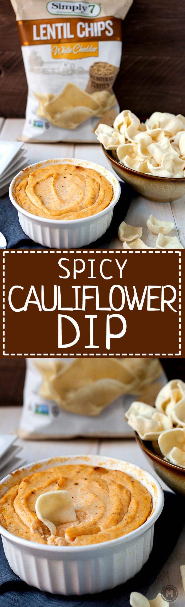 Spicy Cauliflower Dip: This healthy dip is a great substitution for a classic baked cheese dip. It has just enough sharp cheddar and is loaded with pureed cauliflower and delicious spices. I like to serve mine with Simply7 Lentil chips! #sponsored | macheesmo.com