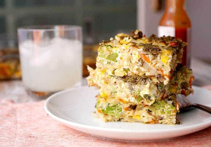 7 Veggie Pesto Breakfast Casserole: This breakfast casserole has about as many veggies as you can pack into one dish. Rather than cheese, I like to stir in pesto for a big flavor boost! Eat a good breakfast, people! | macheesmo.com