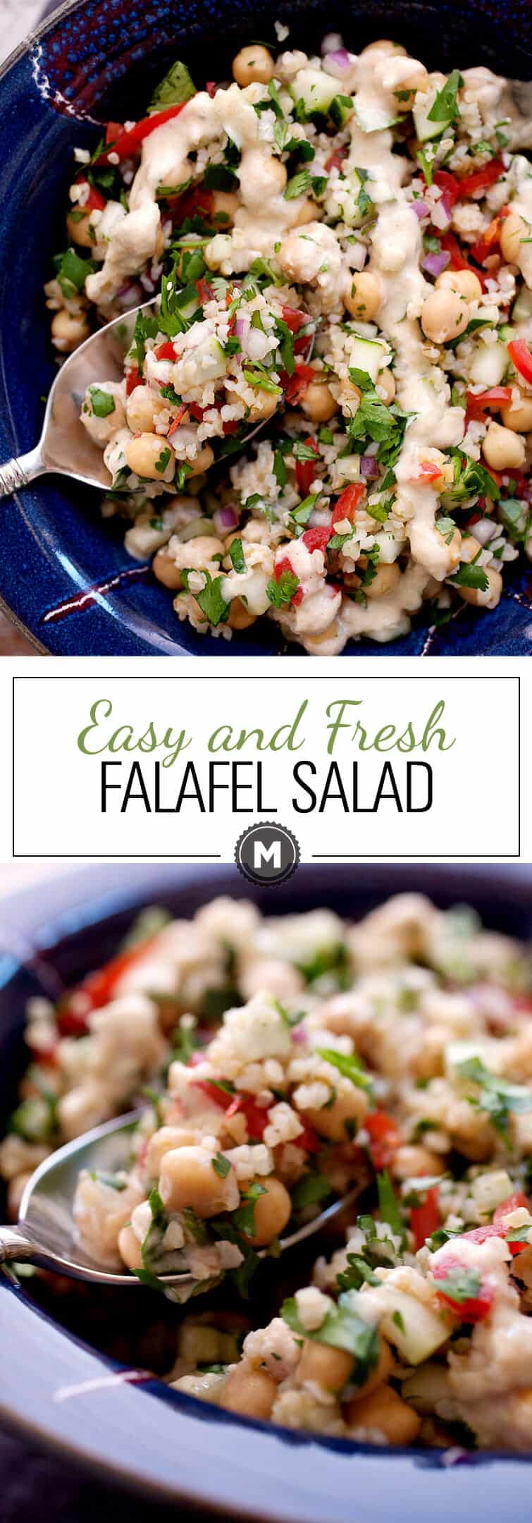 Easy and Fresh Falafel Salad: All the ingredients of a traditional falafel tossed in a quick and fresh salad! Chickpeas, bulgar, loads of herbs, and fresh, crunchy veggies plus a simple Tahini dressing. Great side dish or light lunch! | macheesmo.com