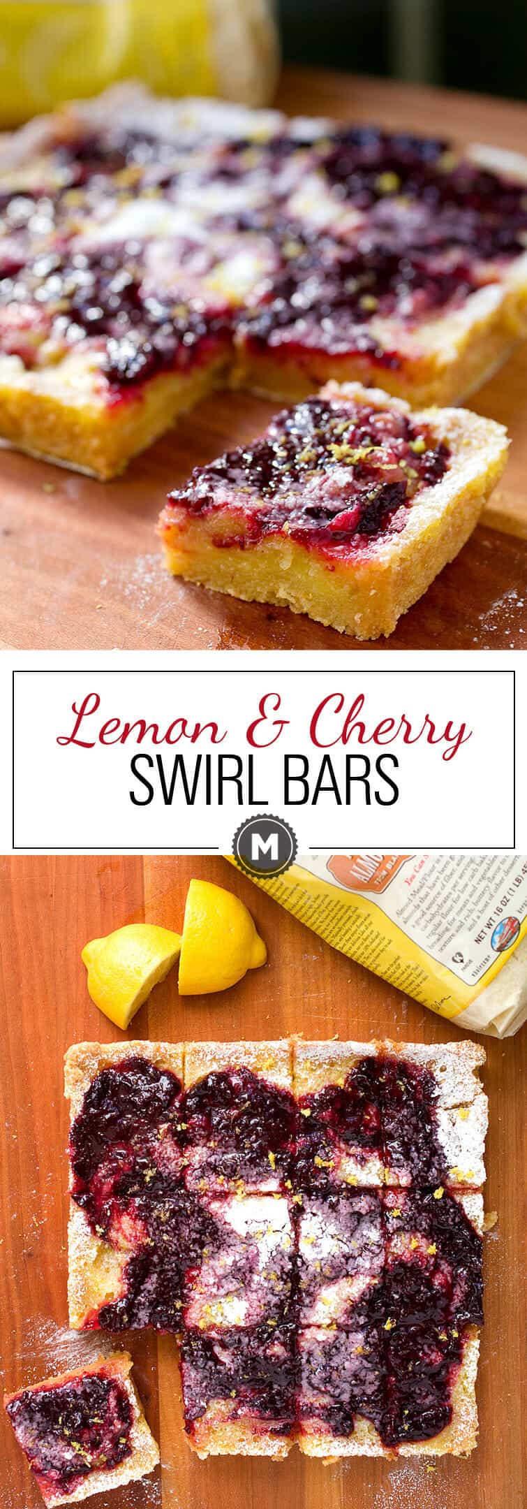 Lemon Cherry Swirl Bars: These simple baked dessert bars are gluten-free and use Bob's Red Mill Almond Flour for the crust! The bars are bright, fruity, tangy, and so very addictive. The recipe uses real lemons and cherries! #spons | macheesmo.com