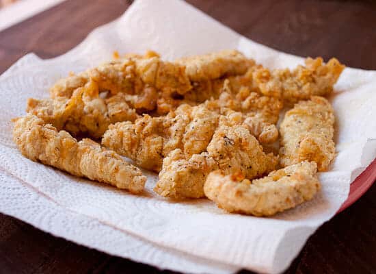 Chicken strips out of the fryer