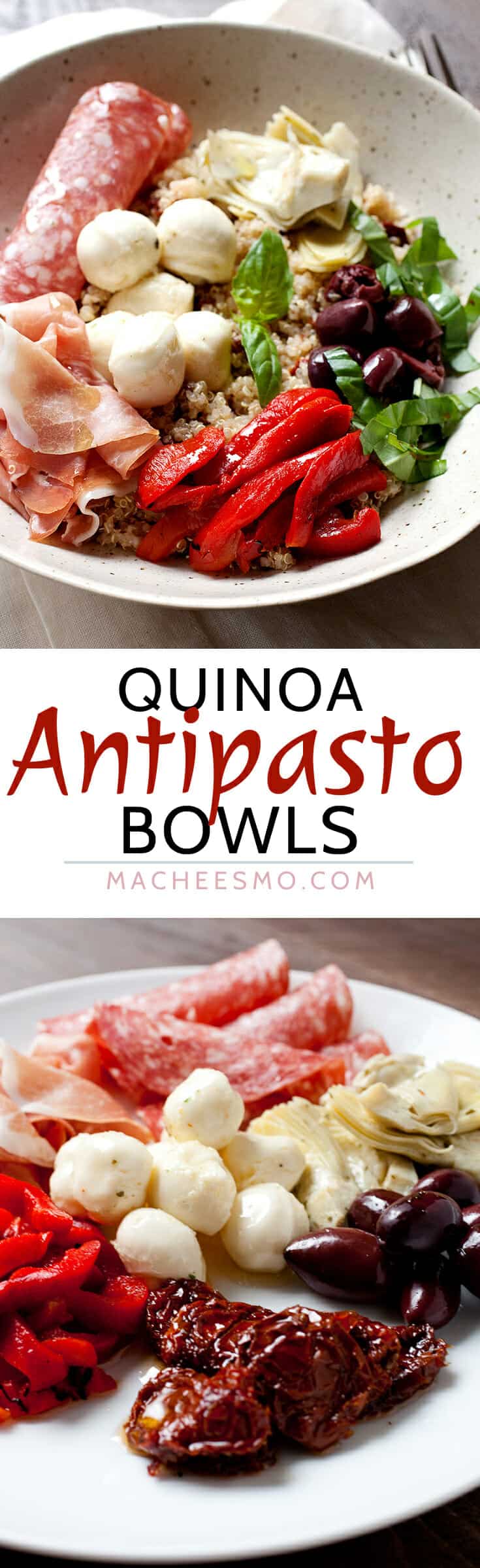 Antipasto Quinoa Bowls: Barely a recipe, this cross between a quinoa bowl and a traditional Italian Antipasto course has all of my favorite things. Of course, the nice thing about it is you can make it your own! Be sure to check out the recipe for my quinoa flavor BOOST trick! | macheesmo.com