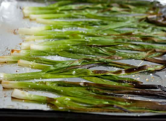 Charred spring onions for bacon and macaroni salad. 