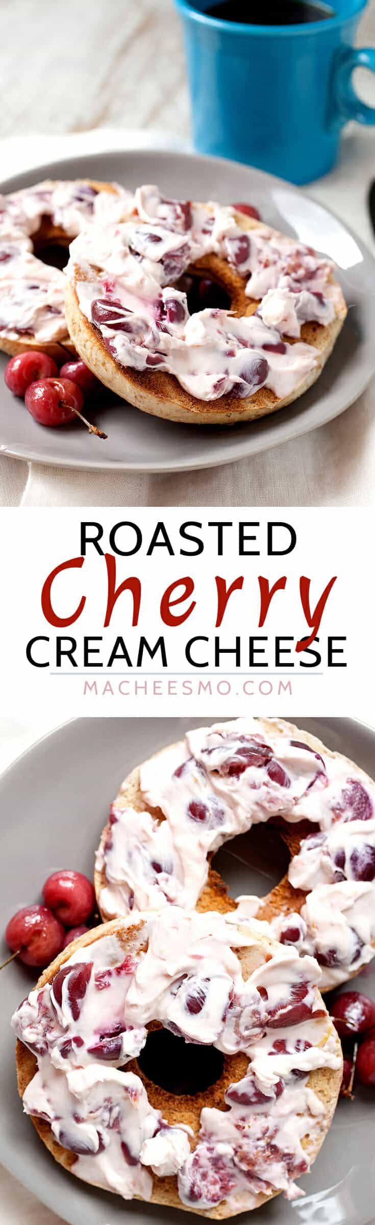 Roasted Cherry Cream Cheese: Not a bagel topper you can buy in the store, but a perfect one to make at home when delicious ripe cherries are in season. Lemon, honey, and packed full of roasted sweet cherries. | macheesmo.com