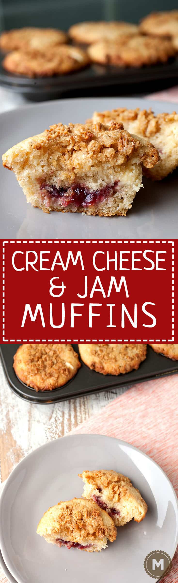 Cream Cheese and Jam Muffins: After many attempts, this is the way to stuff a muffin with just enough cream cheese and fruit jam. The finished muffin is sweet, tangy, and crunchy on top thanks to some granola streusel. A huge success! | macheesmo.com