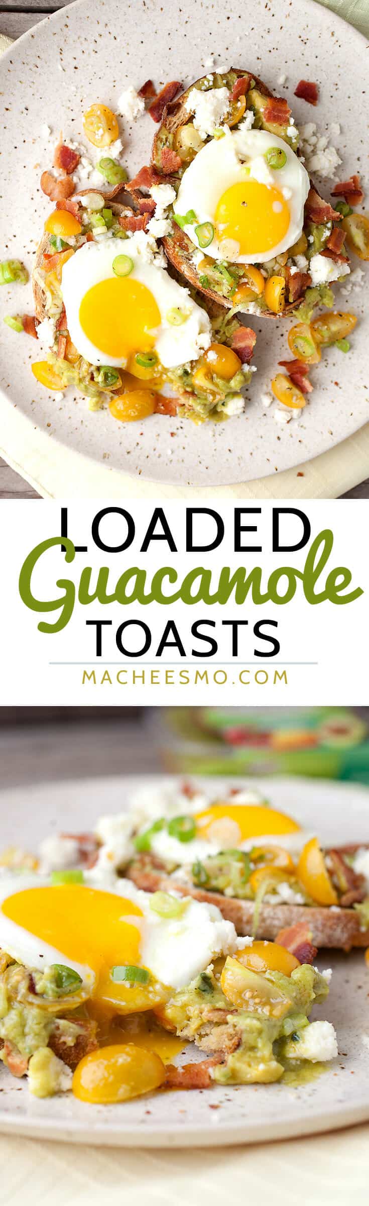Loaded Guacamole Toasts: A twist on your simple avocado toast with veggie-packed guacamole, bacon, crumbled cheese, a fresh tomato salad, and a sunny-side up egg. Start your day off right! | macheesmo.com