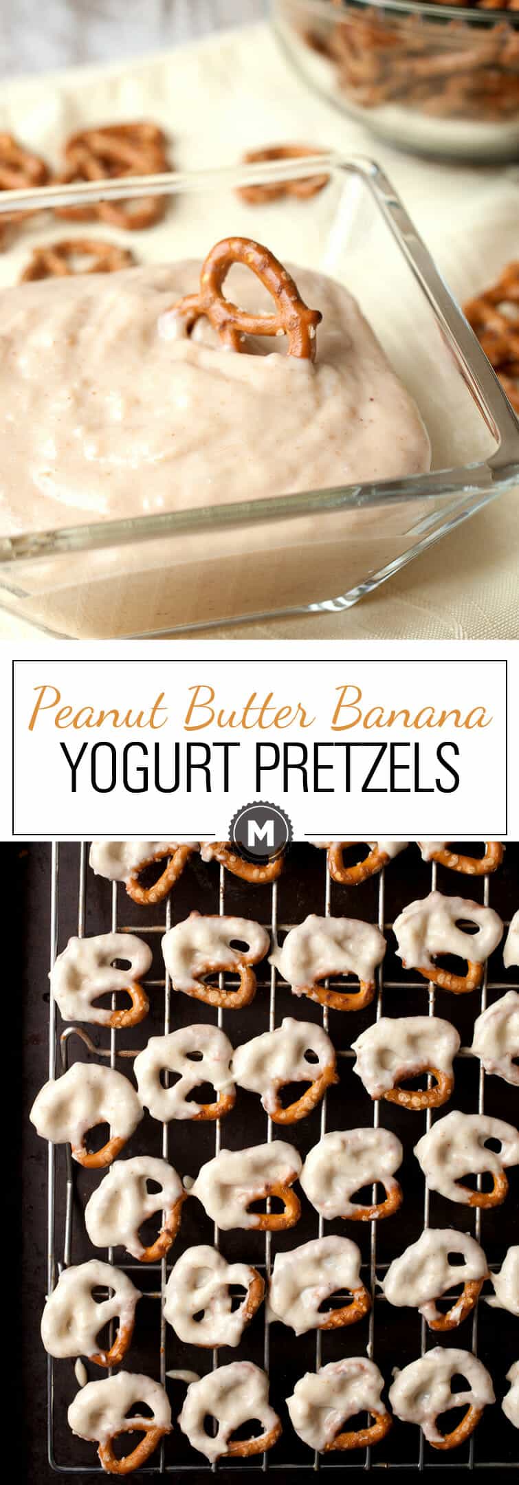 Peanut Butter Banana Yogurt Pretzels: A quick and easy 4-ingredient pretzel dip that's just sweet enough to be super-addictive. A great easy snack for kids, but adults will love the sweet and salty combo as well! | macheesmo.com