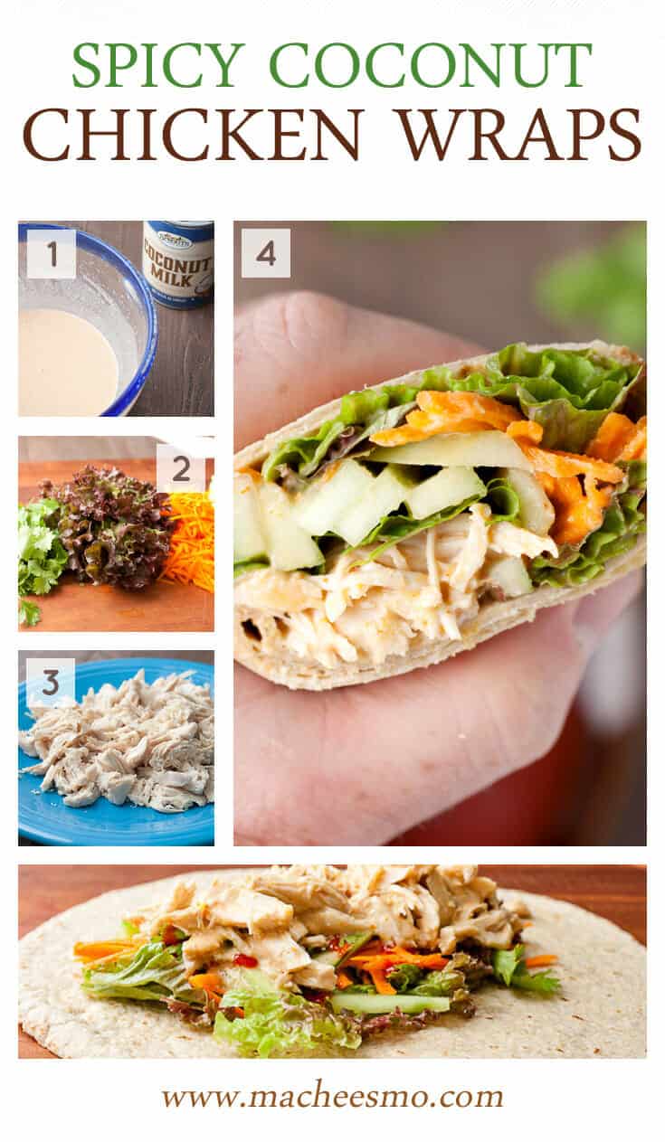 Spicy Coconut Chicken Wraps: These simple and flavorful chicken wraps can be made with poached chicken or a rotisserie chicken. They have loads of fresh, crunchy veggies but are still really fast to make. A great fast dinner or weekday lunch option! | macheesmo.com